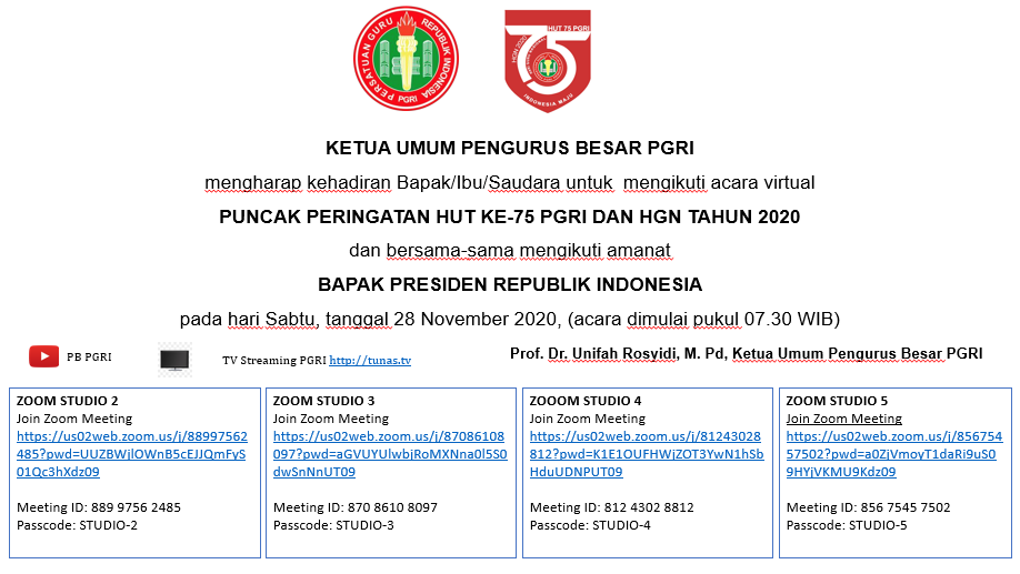 Undangan Puncak Peringatan HUT Ke-75 PGRI dan HGN 2020
