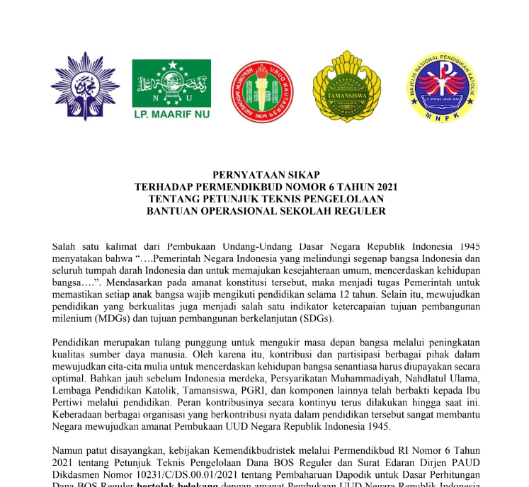 PERNYATAAN SIKAP TERHADAP PERMENDIKBUD NOMOR 6 TAHUN 2021 TENTANG PETUNJUK TEKNIS PENGELOLAAN  BANTUAN OPERASIONAL SEKOLAH REGULER