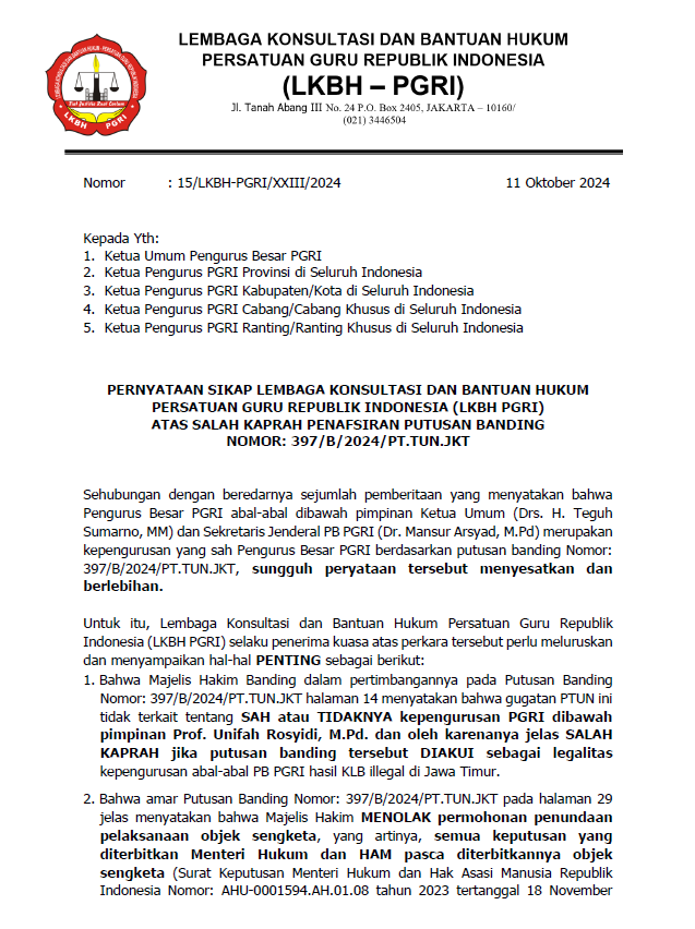PERNYATAAN SIKAP LKBH PGRI